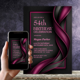 Modern Mulberry Red and Black Birthday Party Invitation