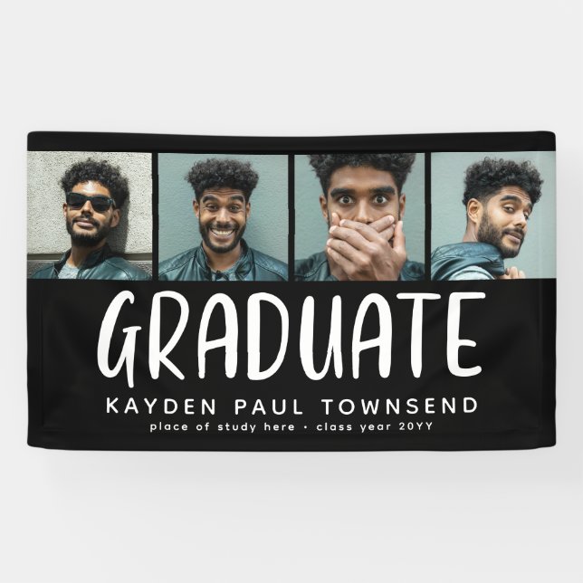 Modern Multi 4 Photo Collage GRADUATE black Banner (Horizontal)