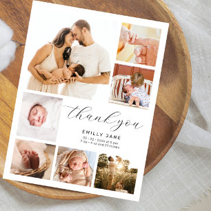 Modern Multi 7 Photo Collage Birth Announcement Postcard