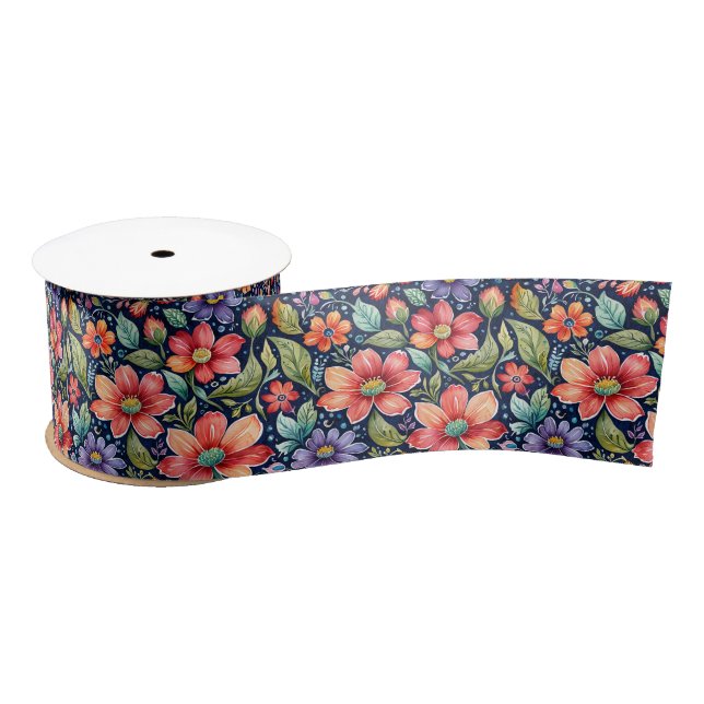 Modern Multi-colour Flowers Satin Ribbon (Spool)