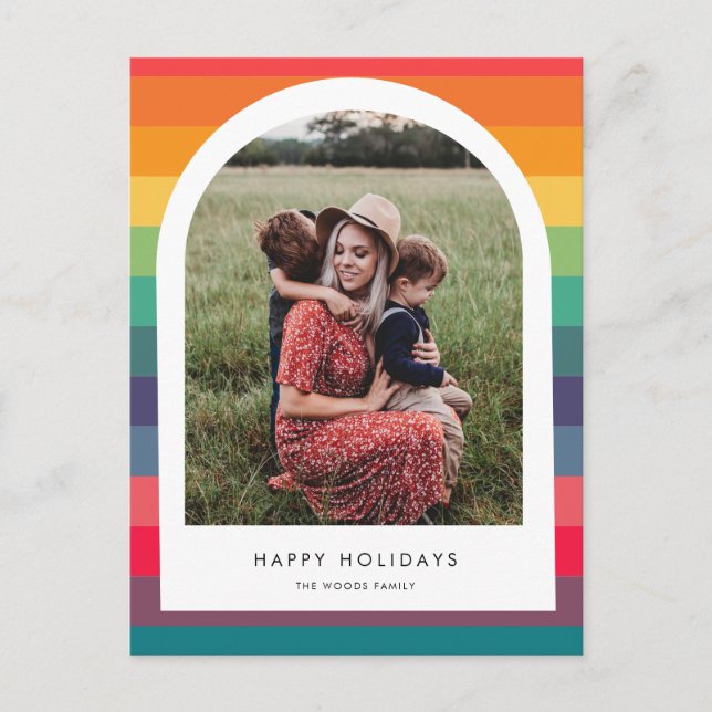 Modern multi coloured arch photo greetings holiday postcard (Front)