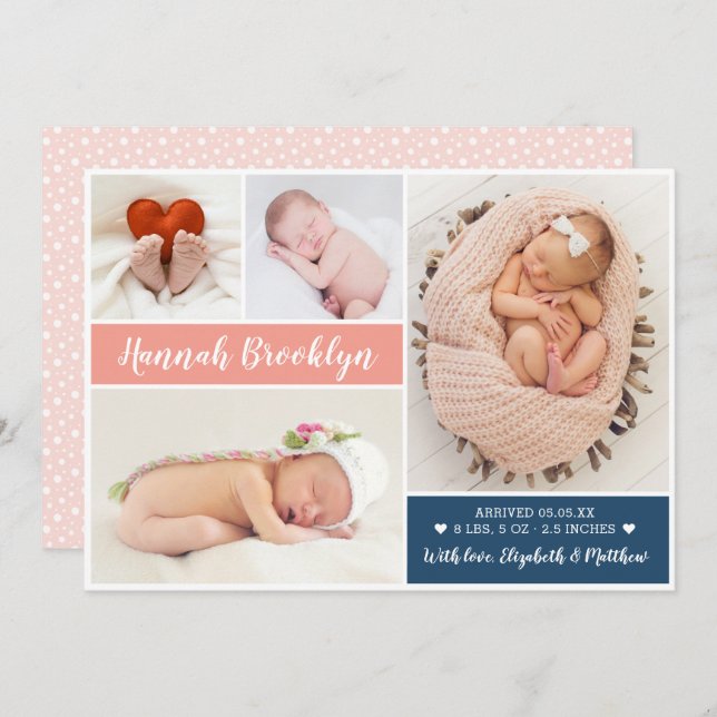 Modern Multi Photo Birth Announcement Card (Front/Back)