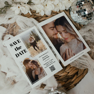 Modern Multi Photo Black and White   QR Code Save The Date