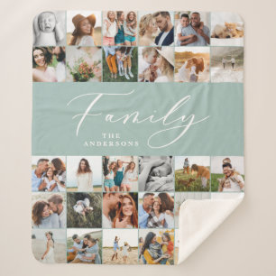 Modern multi photo blue script family elegant sher sherpa blanket