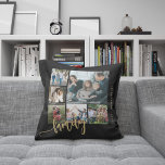 Modern multi photo collage family script keepsake cushion<br><div class="desc">Elegant modern family handwritten calligraphy script with six 6 custom photos black gold keepsake photo throw pillow template.              Please note that the background colour is changeable. You can replace the black with any other colour after selecting CUSTOMIZE option.</div>
