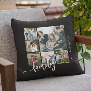 Modern multi photo collage family script keepsake cushion