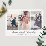 Modern Multi Photo Collage Love and Thanks Wedding Thank You Card<br><div class="desc">This simply chic three photo collage wedding thank you card template features a crisp modern look. We've chosen rounded corners as the default shape, but you can easily change that to sharp corners, as that look also works very well with this design! We've given this minimalist design a warm touch...</div>