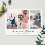 Modern Multi Photo Collage Love and Thanks Wedding Thank You Card<br><div class="desc">This simply chic three photo collage wedding thank you card template features a crisp modern look. We've chosen rounded corners as the default shape, but you can easily change that to sharp corners, as that look also works very well with this design! We've given this minimalist design a warm touch...</div>