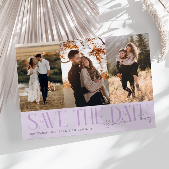 Modern Multi Photo Couple's Signature Purple Save The Date (Creator Uploaded)