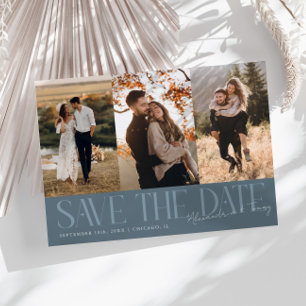 Modern Multi Photo Couple's Signature Slate Blue Save The Date
