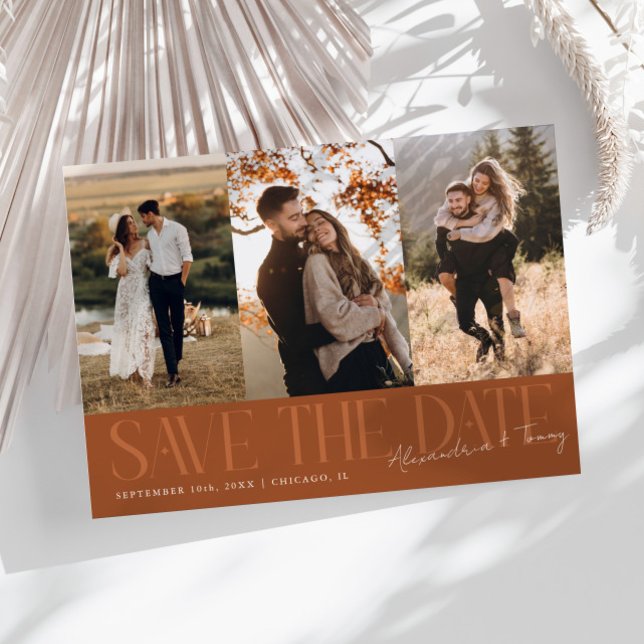 Modern Multi Photo Couple's Signature Terracotta Save The Date (Creator Uploaded)