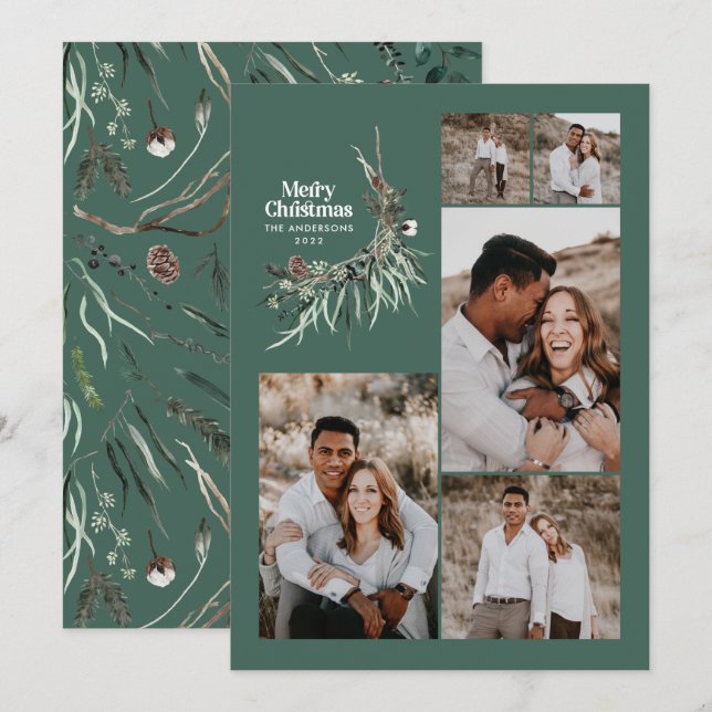 Modern multi photo elegant botanical sage green holiday card (Front/Back)