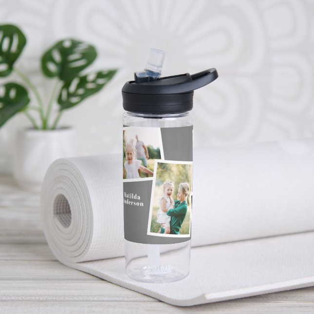 Modern multi photo family grey simple family gift water bottle (Yoga)