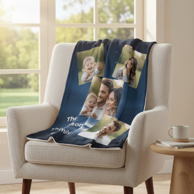Modern Multi-Photo Family Name Custom Fleece Blanket (Creator Uploaded)
