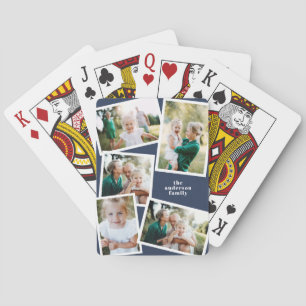 Modern multi photo family navy blue elegant playing cards
