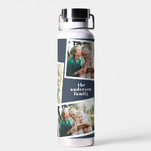 Modern multi photo family navy blue simple family water bottle