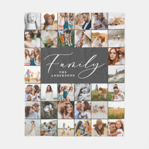 Modern multi photo grey script family elegant fleece blanket