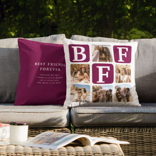 Modern Multi Photo Grid BFF Quote Wine Cushion