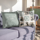 Modern Multi Photo Grid Cute MOM Gift  Cushion<br><div class="desc">Create your very own MOM pillow with this modern multi-photo grid collage and text. Design features 6 Photographs with curved corner squares with the text MOM in teal blocks that can be changed to any colour. On the reverse the text 'World's Best Mummy' with a cute mother quote that can...</div>