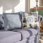 Modern Multi Photo Grid Cute MOM Gift  Cushion<br><div class="desc">Create your very own MOM pillow with this modern multi-photo grid collage and text. Design features 6 Photographs with curved corner squares with the text MOM in dusty blue blocks that can be changed to any colour. On the reverse the text 'World's Best Mummy' with a cute mother quote that...</div>
