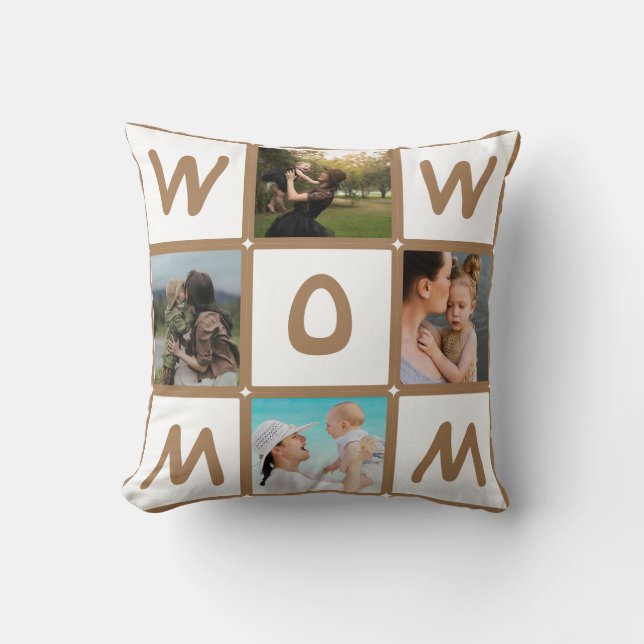 Modern Multi Photo Grid Cute WOW MOM Gift Cushion (Front)