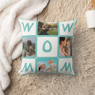 Modern Multi Photo Grid Cute WOW MOM Gift Cushion