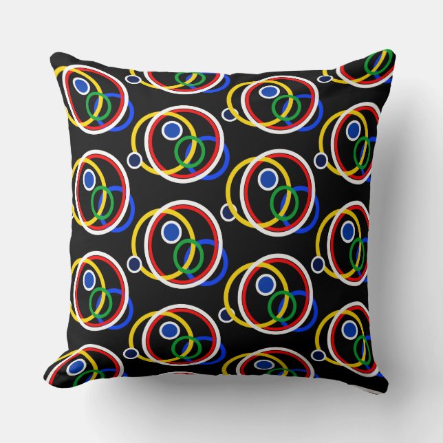 Modern Multicolor Abstract Circles on Black Cushion (Front)