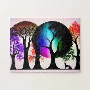 Modern Multicolor Leaves on Black Silhouette Trees Jigsaw Puzzle