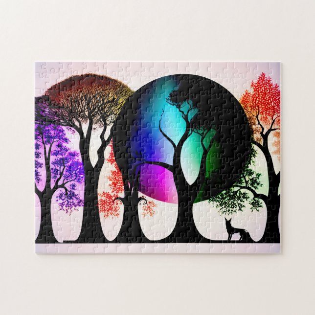 Modern Multicolor Leaves on Black Silhouette Trees Jigsaw Puzzle (Horizontal)