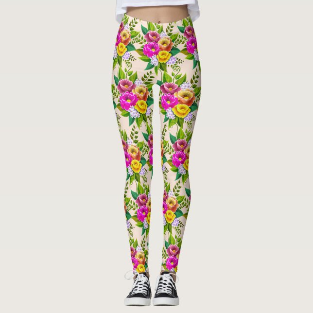 Modern Multicolored Flowers on Ivory Leggings (Front)