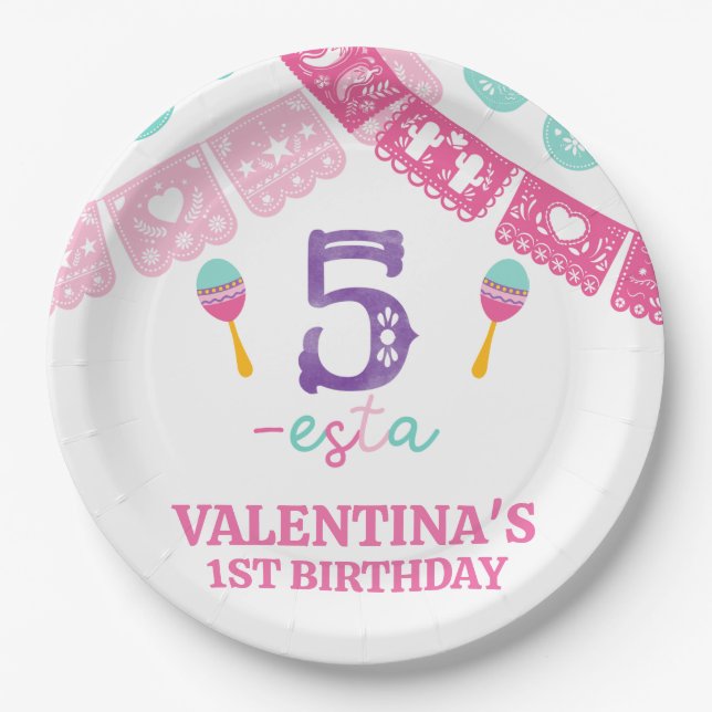 Modern Multicolored Girls Fiesta 5th Birthday  Paper Plate (Front)