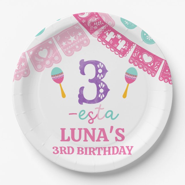 Modern Multicolored Girls Three-esta 3rd Birthday  Paper Plate (Front)