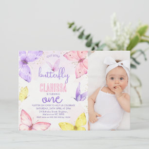 Modern Multicolored Photo Butterfly 1st Birthday Invitation