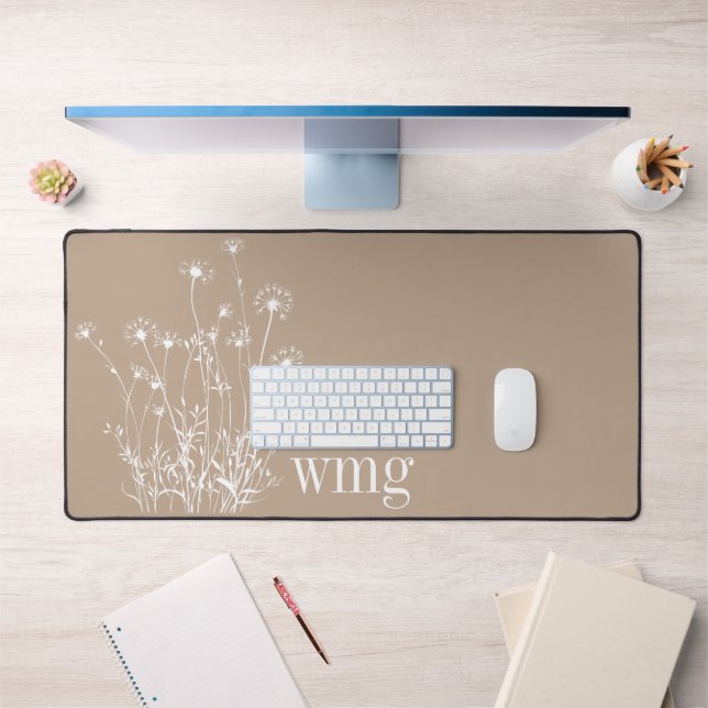 Modern Mushroom Tan & White Wildflowers Monogram Desk Mat (Office 1)