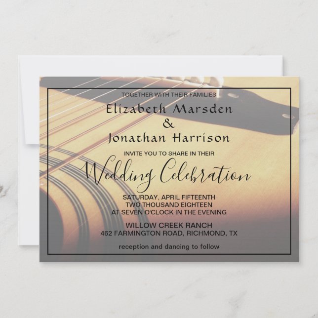 Modern Music Guitar Rustic Hand Lettered Wedding Invitation (Front)