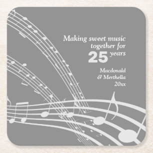 Modern MUSIC NOTES 25th SILVER Anniversary Square Paper Coaster