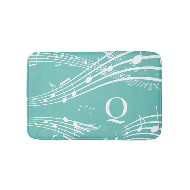 Modern Music Notes Teal Monogram Bath Mat (Front)