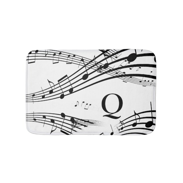 Modern Music Notes White Black Monogram Bath Mat (Front)