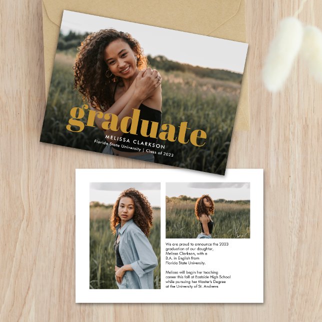 Modern Mustard Script with Three Photos Graduation Announcement (Creator Uploaded)