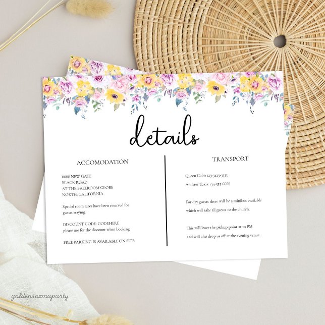 Modern Mustard Yellow and Lavender Floral Details Enclosure Card (Modern Mustard Yellow and Lavender Floral Wedding Details)