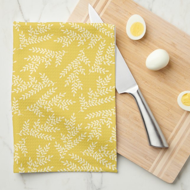Modern Mustard Yellow Floral Leaves Pattern Tea Towel (Quarter Fold)
