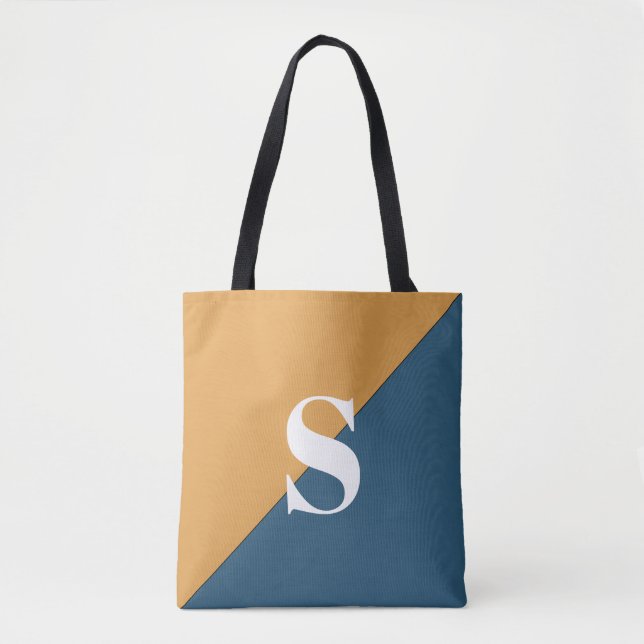 Modern Mustard Yellow Navy Blue Monogram Tote Bag (Front)