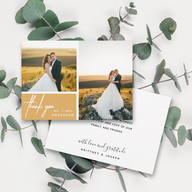Modern Mustard Yellow Photo Collage Thank you (Two photo hand lettered thank you wedding card with a minimalistic design perfect for any couple.)