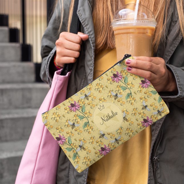 Modern Mustard Yellow Queen Bee & Flowers Monogram Accessory Pouch (Elegant Buzzing Royal Queen Bee, Honeycomb & Pink Flowers Pattern with Custom Monogram and Name)