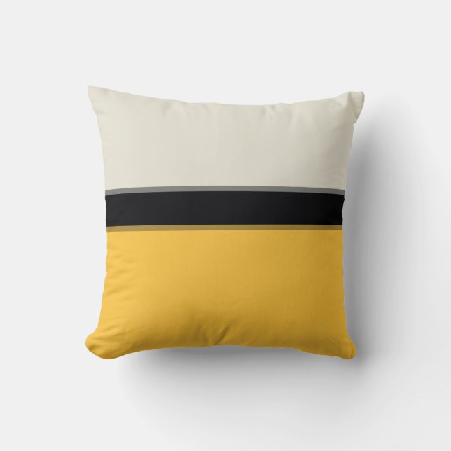 Modern Mustard Yellow Silver Grey Black Stripes Cushion (Front)
