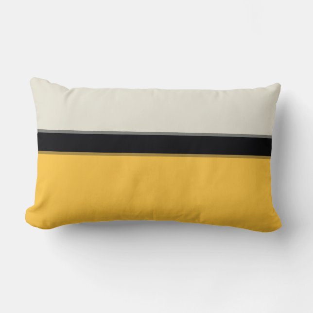 Modern Mustard Yellow Silver Grey Black Stripes Lumbar Cushion (Front)