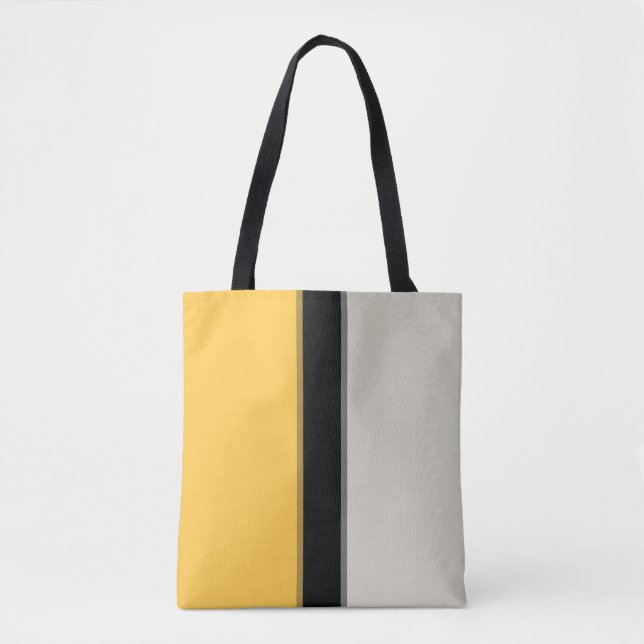 Modern Mustard Yellow Silver Grey Black Stripes Tote Bag (Front)