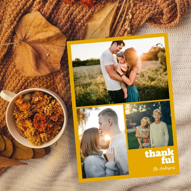 Modern Mustard Yellow Thanksgiving 3 Photo Collage Holiday Card (Creator Uploaded)