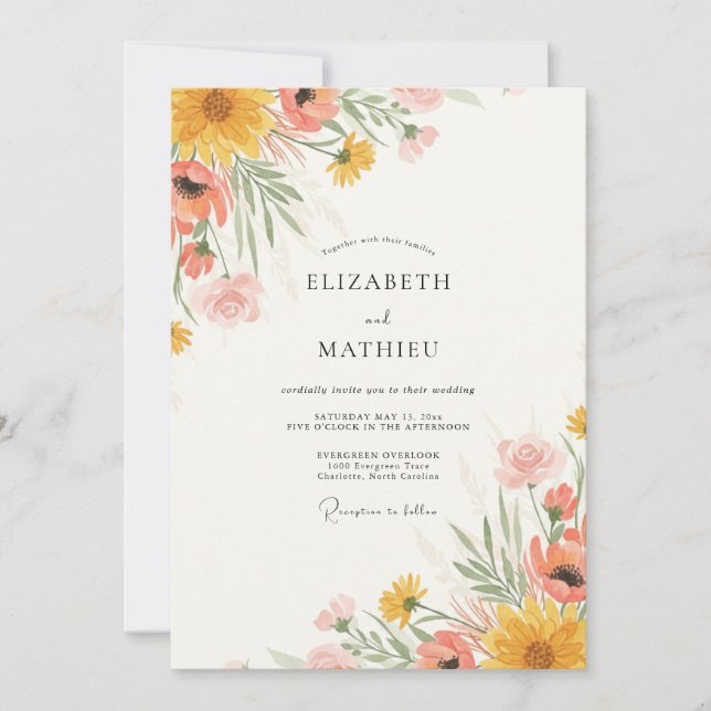 Modern Mustard Yellow Wildflower Wedding Invitation (Front)