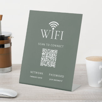 Modern Muted Green WiFi Network Password QR Code Pedestal Sign